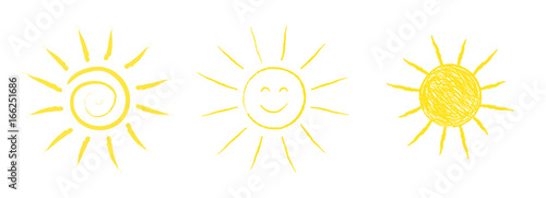 Collection of hand drawn sun icons. Vector.