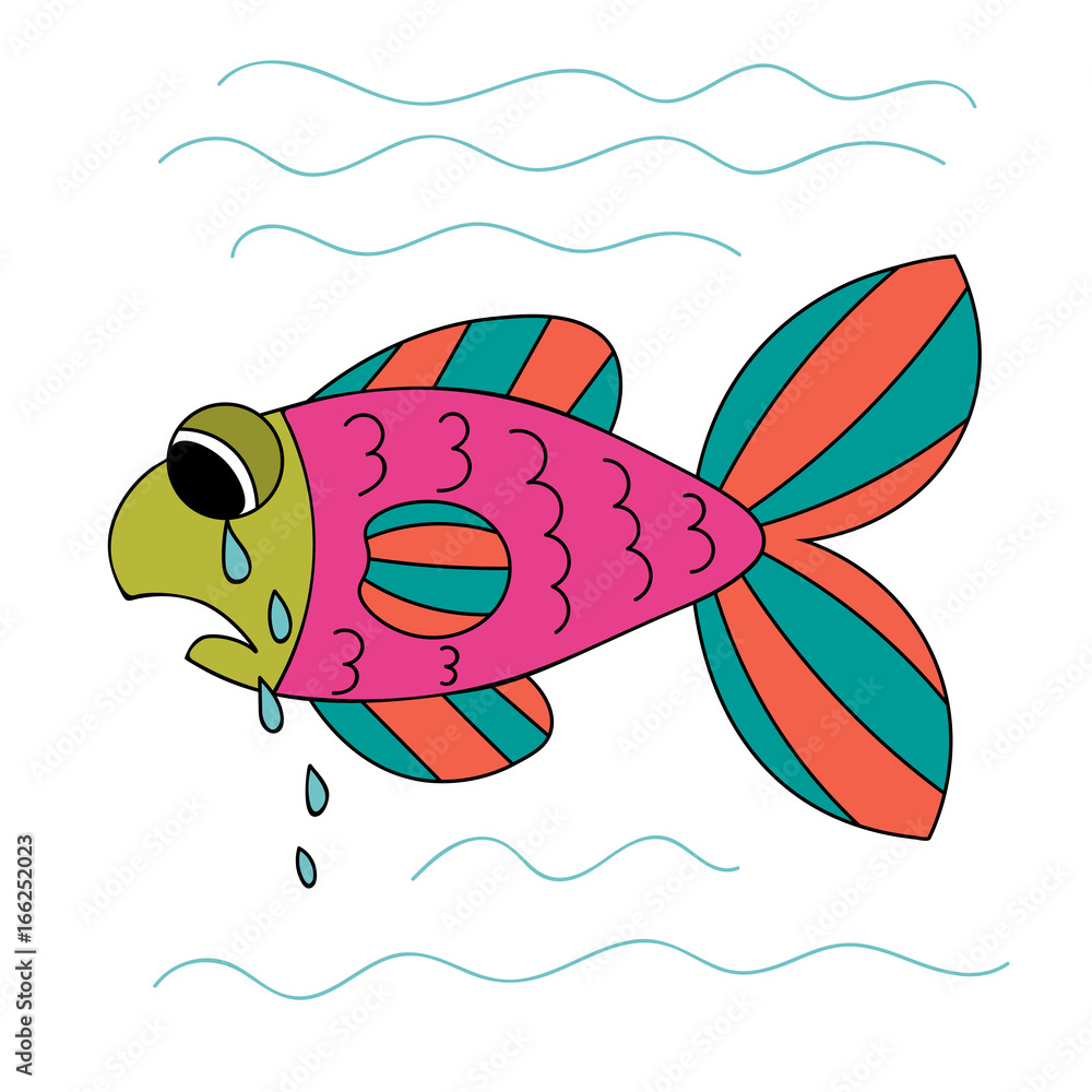 Crying cartoon fish. Sad hand drawn green, pink, orange fish isolated on  white background. Vector illustration. Stock Vector | Adobe Stock