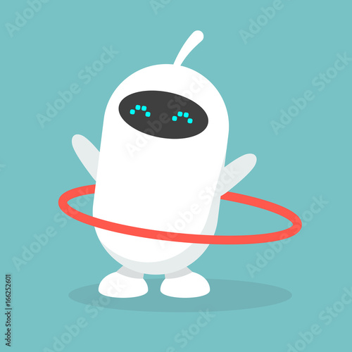Cute white robot twirling a hoop / flat editable vector illustration, clip art