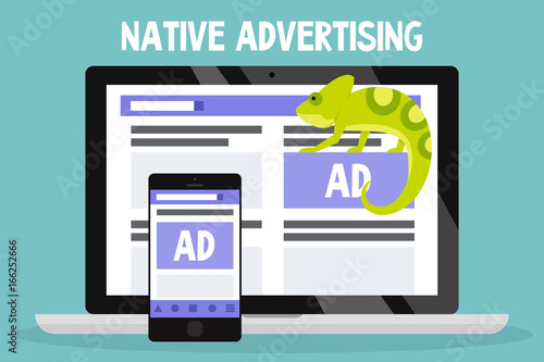 Native advertising conceptual illustration. Chameleon as a metaphor of native ads / flat editable vector illustration, clip art