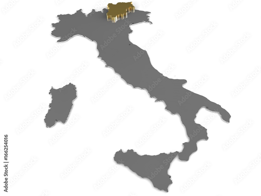 Italy 3d metallic map, whith trentino region highlighted 3d render