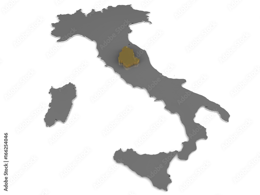 Italy 3d metallic map, whith umbria region highlighted 3d render
