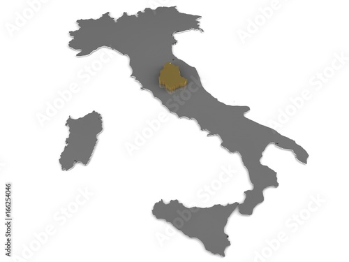 Italy 3d metallic map, whith umbria region highlighted 3d render
