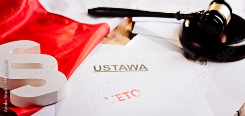 Tableau sur toile Red veto stamp on law act and Polish flag