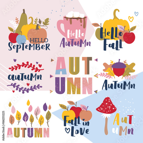 Set of autumn vector illustration with hand lettering. Trendy color palette and black ink phrases on abstract background. Cute typography elements.