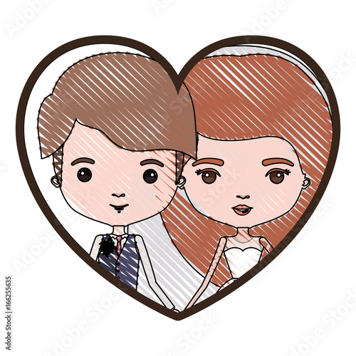 heart shape portrait with color crayon silhouette caricature newly married couple young groom with formal wear and bride with long hairstyle