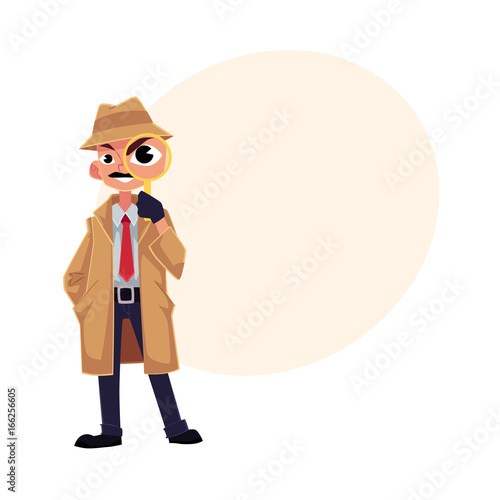 Comic style detective character looking through magnifying glass, cartoon vector illustration with space for text. Full length portrait of funny detective character looking through magnifier