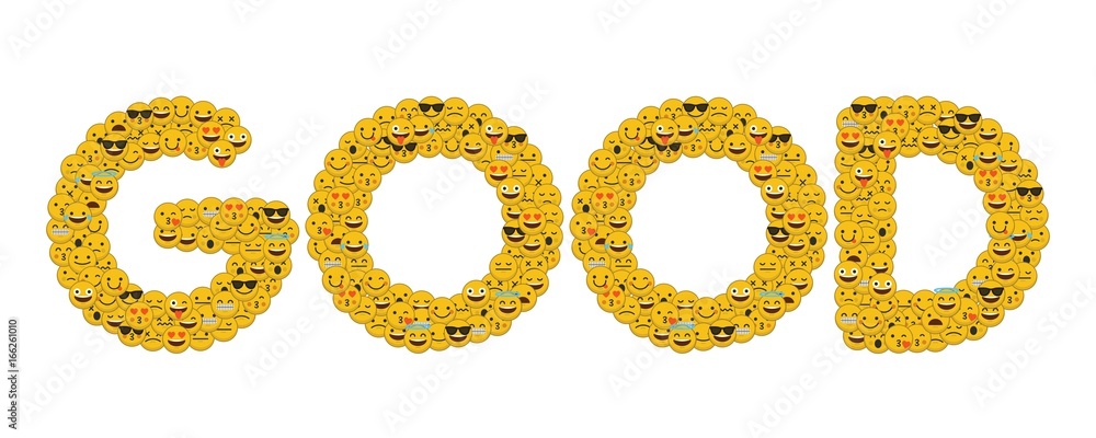 The word good written in social media emoji smiley characters The word good written in social media emoji smiley characters
