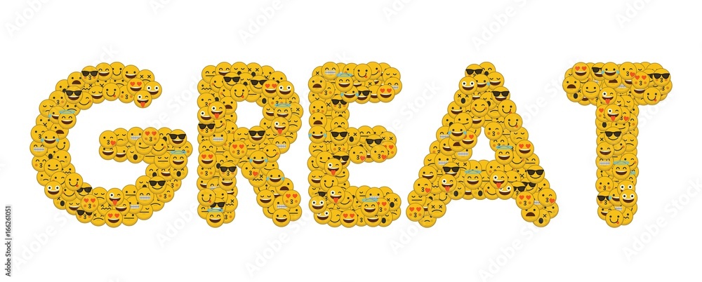 The word great written in social media emoji smiley characters The word great written in social media emoji smiley characters