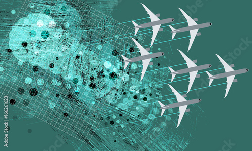 Green background and flying airplanes