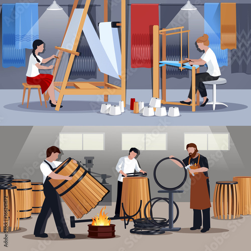 Craftspeople Weavers And Coopers Flat Banners 