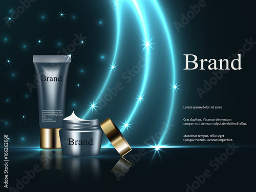 night cream for face and lotion is dark blue with gold cap a dark background with bright stars advertising cosmetics, design, banner, EPS 10, vector 3D, realistic