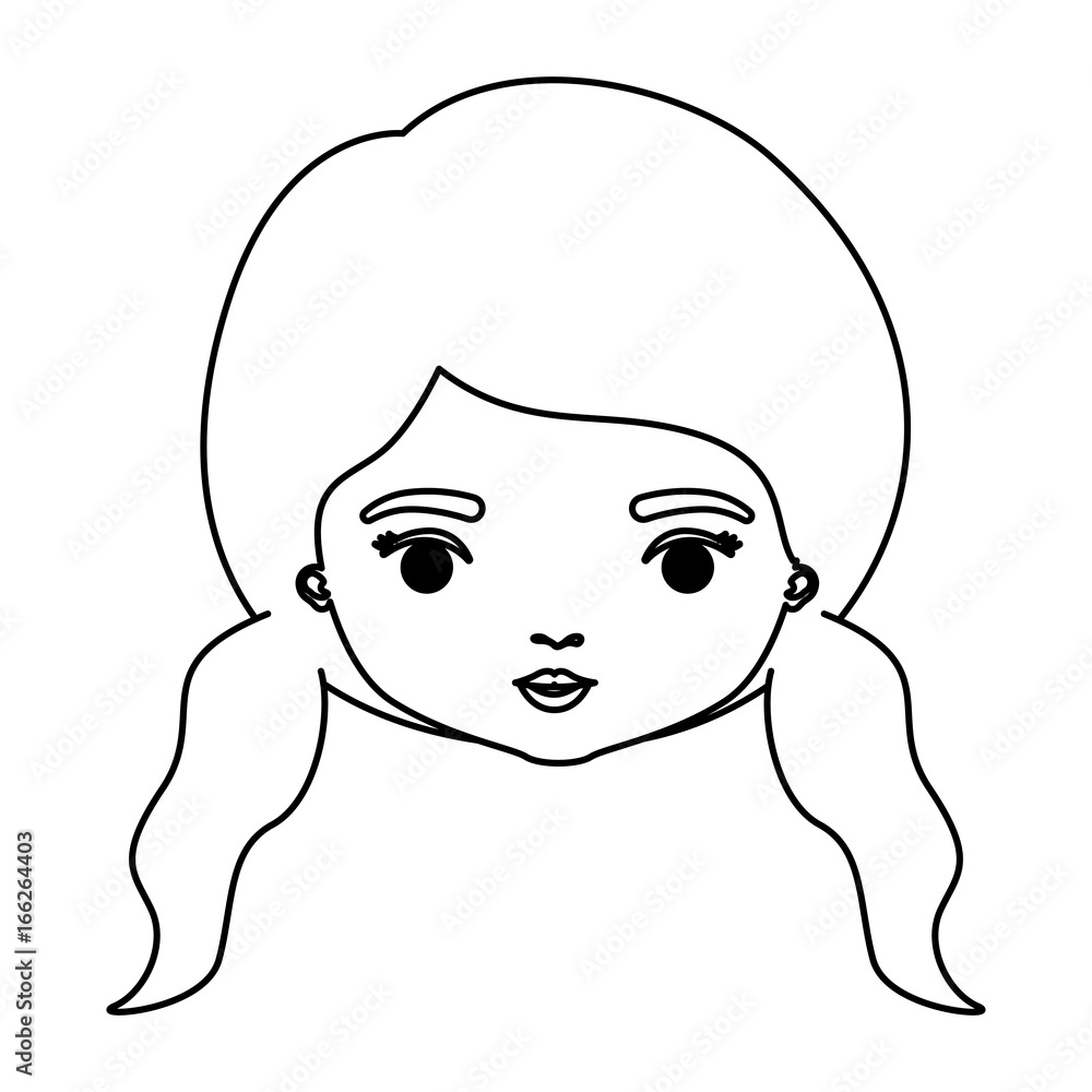 monochrome silhouette of caricature closeup front view face woman with double pigtails hairstyle