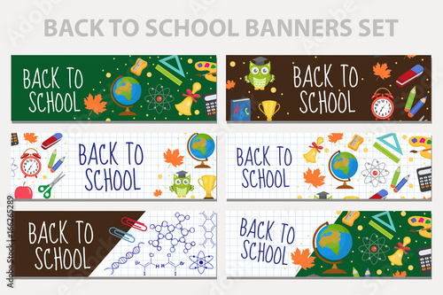 Back to school set of banners, template with space for text for your design. Education collection long board, poster, flyer. Flat style. Vector illustration
