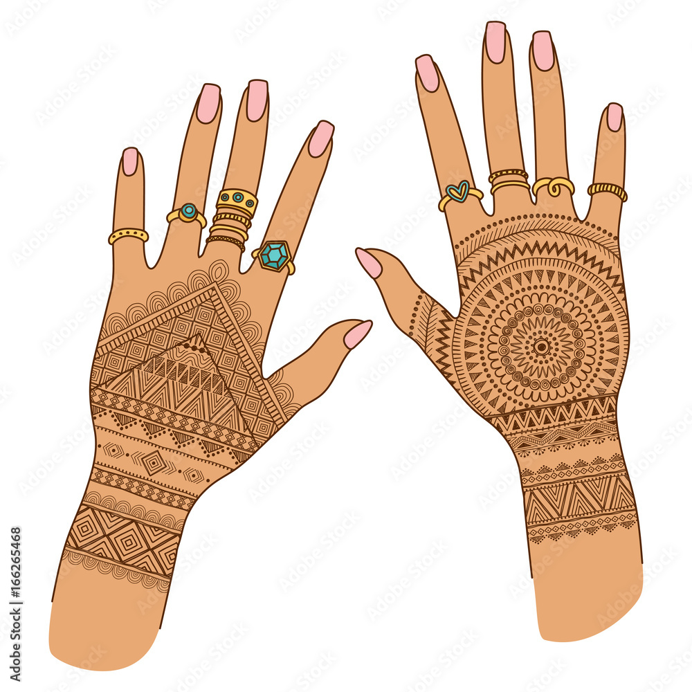 Hands with henna tatto drawing design, vector 24030417 Vector Art at  Vecteezy