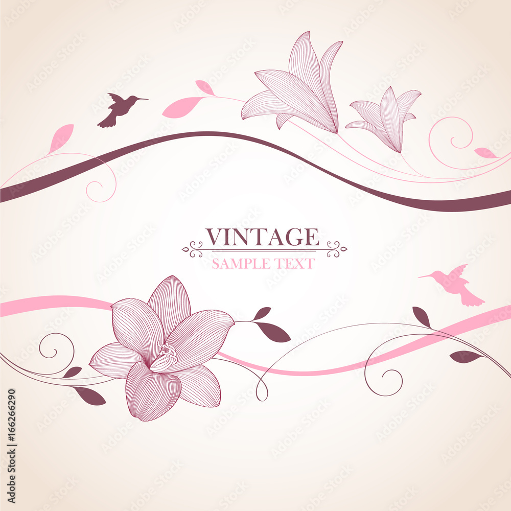 Vintage floral background. Beautiful frame with flowers lily and bird. Element for design.