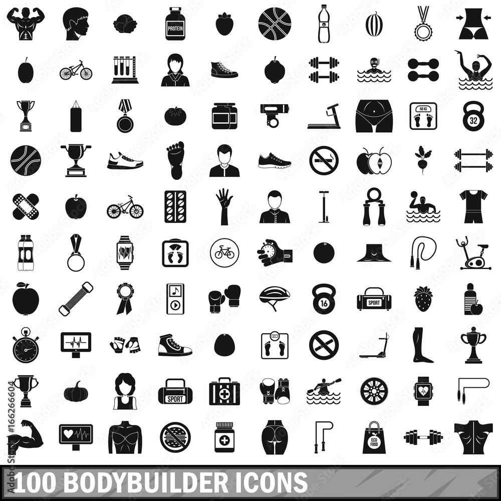 100 bodybuilder icons set, simple style 100 bodybuilder icons set, simple style