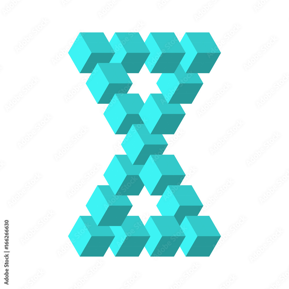 Two connected impossible triangles in turquoise blue. 3D cubes arranged as geometric optical illusion. Reutersvard traingle. Vector illustration. Two connected impossible triangles in turquoise blue. 3D cubes arranged as geometric optical illusion. Reutersvard traingle. Vector illustration.