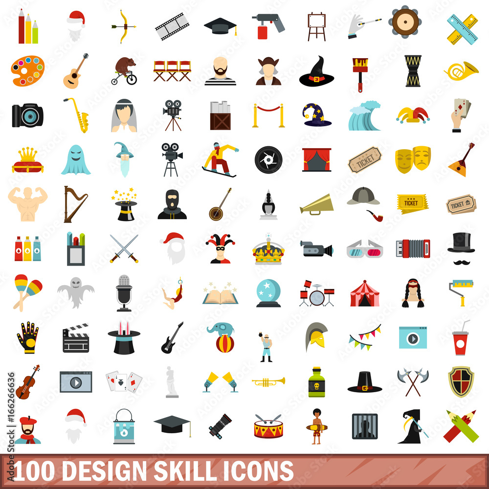 100 design skill icons set, flat style 100 design skill icons set, flat style