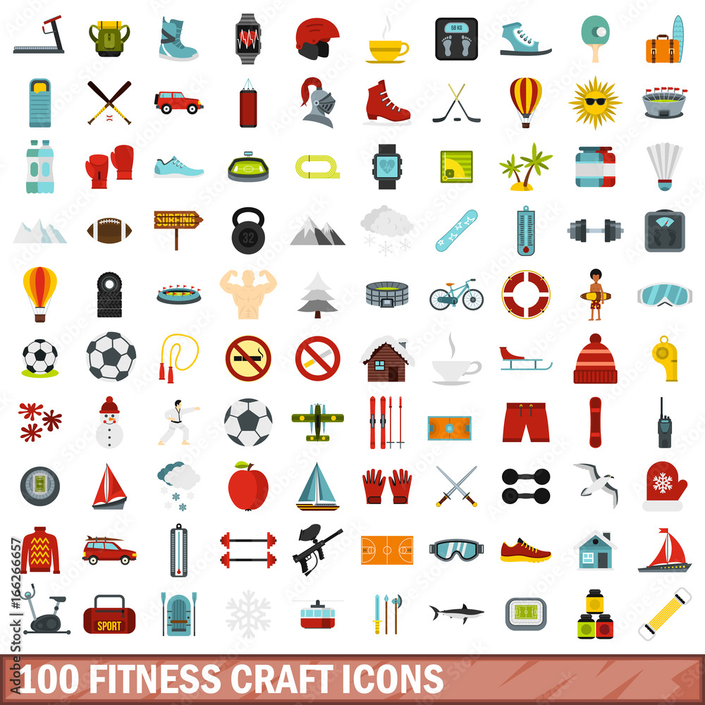 100 fitness craft icons set, flat style 100 fitness craft icons set, flat style