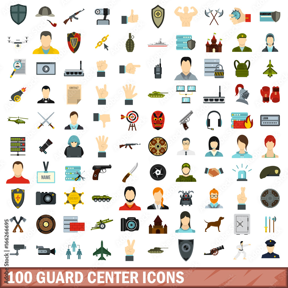 100 guard center icons set, flat style 100 guard center icons set, flat style