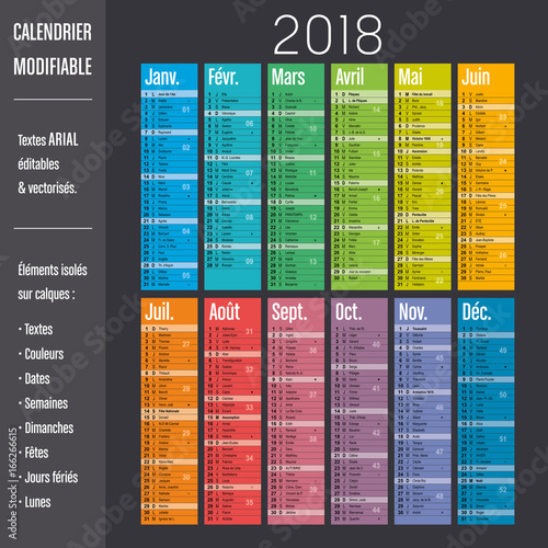 Calendrier 2018 modifiable (éléments isolés sur calques, textes en ARIAL éditables et vectorisés)