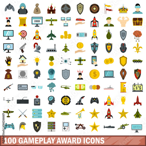 100 gameplay award icons set, flat style