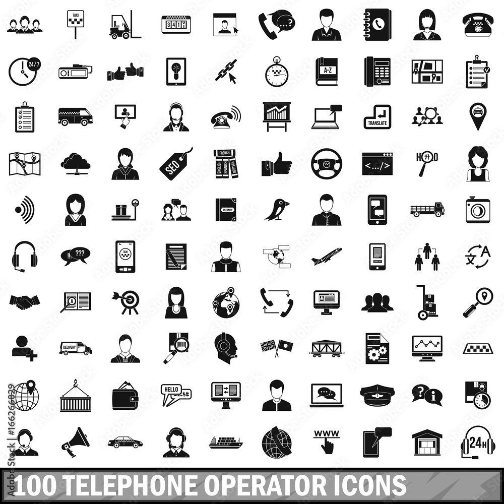 100 telephone operator icons set, simple style 100 telephone operator icons set, simple style