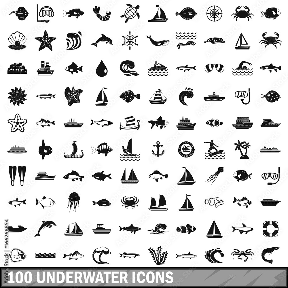 100 underwater icons set, simple style 