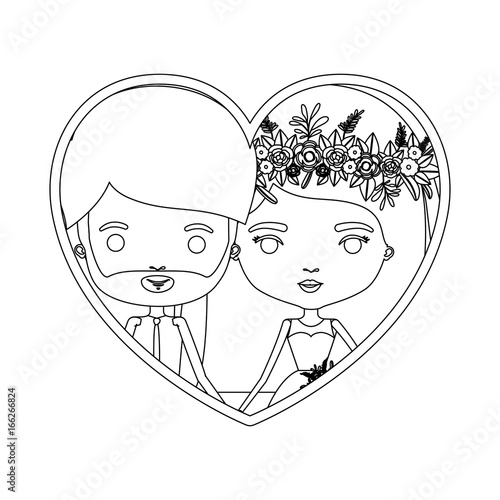 monochrome silhouette heart shape portrait caricature of newly married couple bearded groom with formal wear and bride with straight medium hairstyle