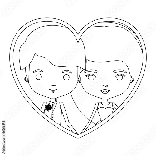 monochrome silhouette heart shape portrait caricature of newly married couple young groom with formal wear and bride with long hairstyle