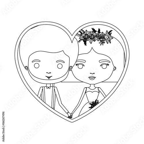 monochrome silhouette heart shape portrait caricature of newly married couple groom with formal wear and bride with straight short hairstyle
