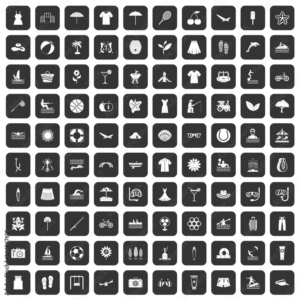 100 summer icons set black 100 summer icons set black