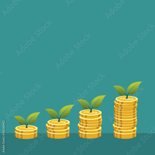 Piles of coins forming a growing graph with plant , illustration of stack of gold coins