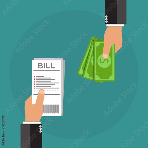 Hand giving receipt bill and another hand giving cash money, Paying bills, Payment background design - vector illustration