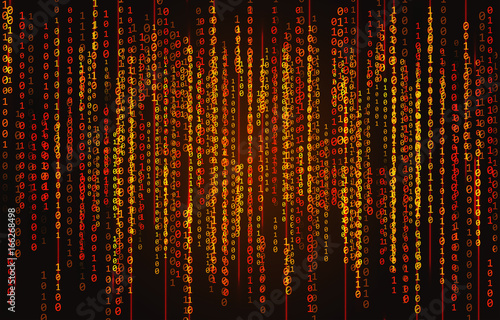 Red neon binary code on a black background
