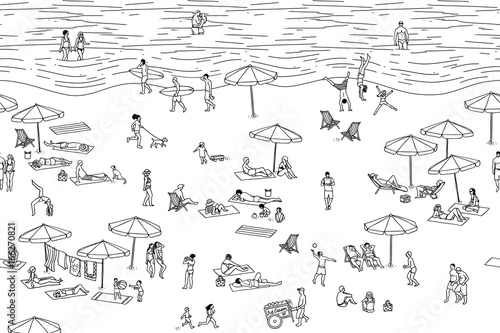 Seamless banner of tiny people at the beach, can be tiled horizontally: a diverse collection of small hand drawn men, women and kids playing, sunbathing and walking at the beach