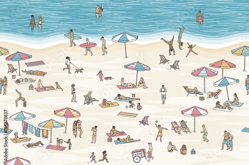 Seamless banner of tiny people at the beach, can be tiled horizontally: a diverse collection of small hand drawn men, women and kids playing, sunbathing and walking at the beach