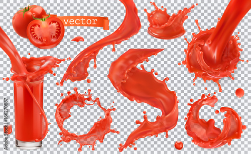 Red paint splash. Tomato, Strawberries. 3d realistic vector icon set
