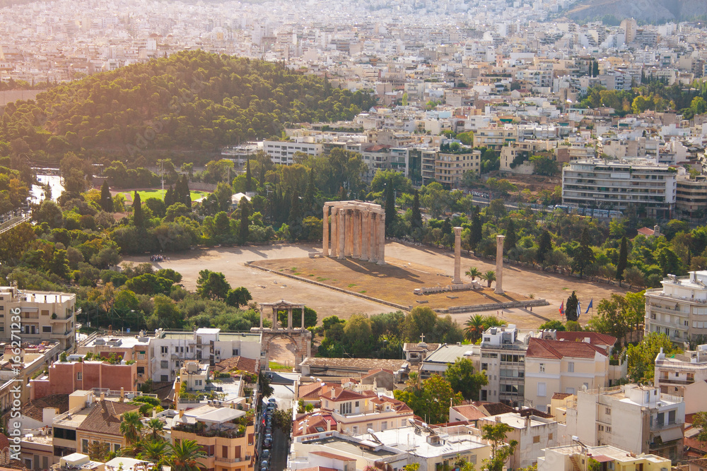 The temple of Olympian Zeus in Central Athens. Panoramic view of the city. The city capital. The Capital Of Greece. Antique architecture.