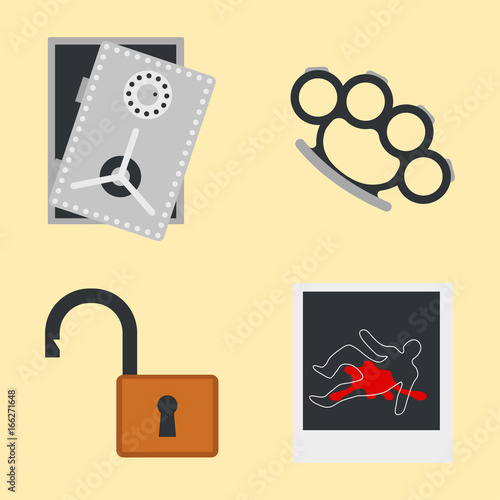 Crime icons protection law justice sign security police gun offence felony transgression flat vector illustration