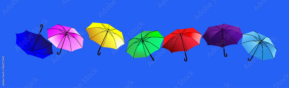 Regenschirme Banner, Sonnenschirme Hintergrund,
Vektor Illustration isoliert auf blauem Hintergrund