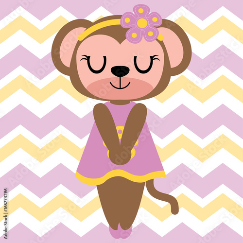 Cute monkey girl sleeps on chevron background vector cartoon illustration for kid t shirt design, nursery wall, and wallpaper