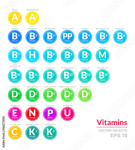 Icon set of button with all vitamins. Medical vector illustration. Pills capsule with color coding for your design. Healthy lifestyle and diet. Infographic poster in flat style