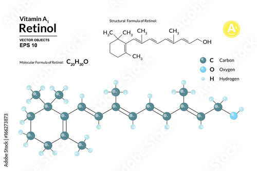 Structural chemical molecular formula and model of retinol. Atoms are represented as spheres with color coding isolated on background. 2d or 3d visualization and skeletal formula. Vector illustration