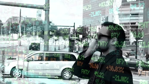 Wall Street Stock Market Ticker Overlay over corrupt businessman in city