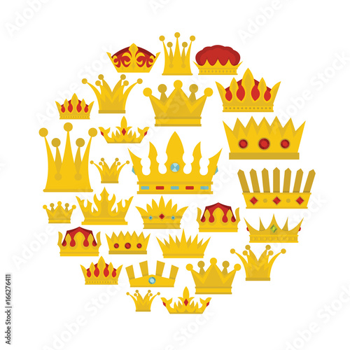 Gold crown flat icons set. Gold crown vector illustration for design and web isolated on white background. Gold crown vector object for labels, logos and advertising