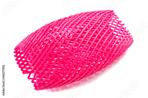 Blank covered pink foam net for fruits protection isolated on white background.