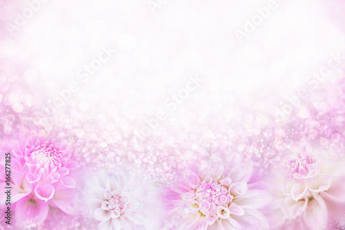 beautiful pink and white dahlia flower background in soft vintage tone with glitter light and bokeh, copy space for text 