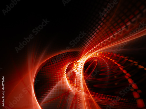Abstract background element. Fractal graphics. Dynamic composition of curves, blurs and halftone effect. Red and black colors.